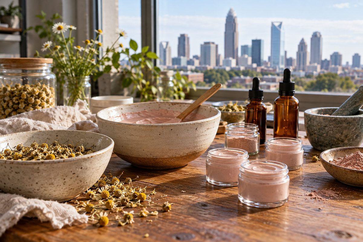 Studio botanical blending station featuring calming calamine balms, dried chamomile, and amber pipettes for aftercare formulations.