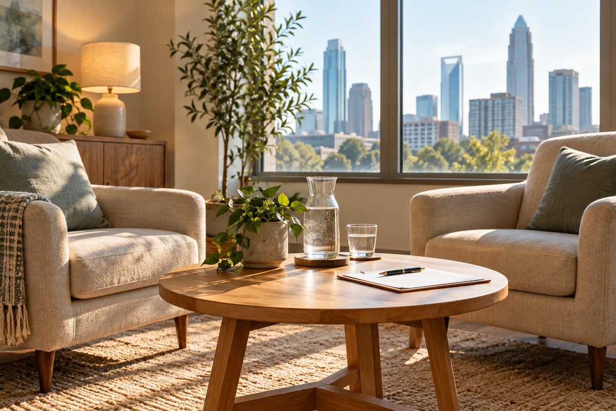 Quiet consultation seating area at Vellune with linen chairs and client consultation materials.