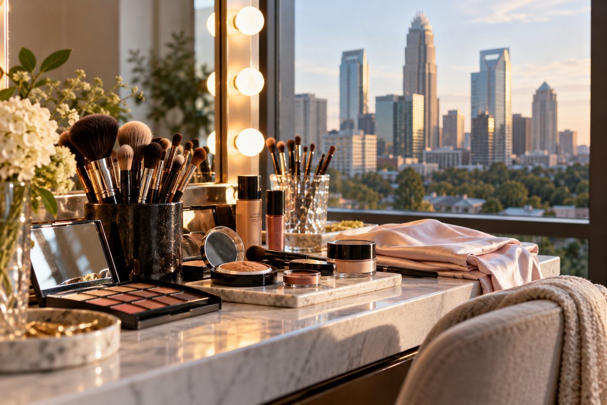 Private studio vanity station prepared with precision brushes and mineral cosmetic palettes for special occasion styling.