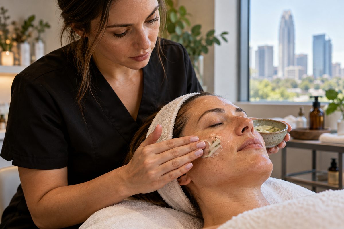 Close-up of a skincare practitioner delicately applying calming botanical emulsion during a facial appointment.