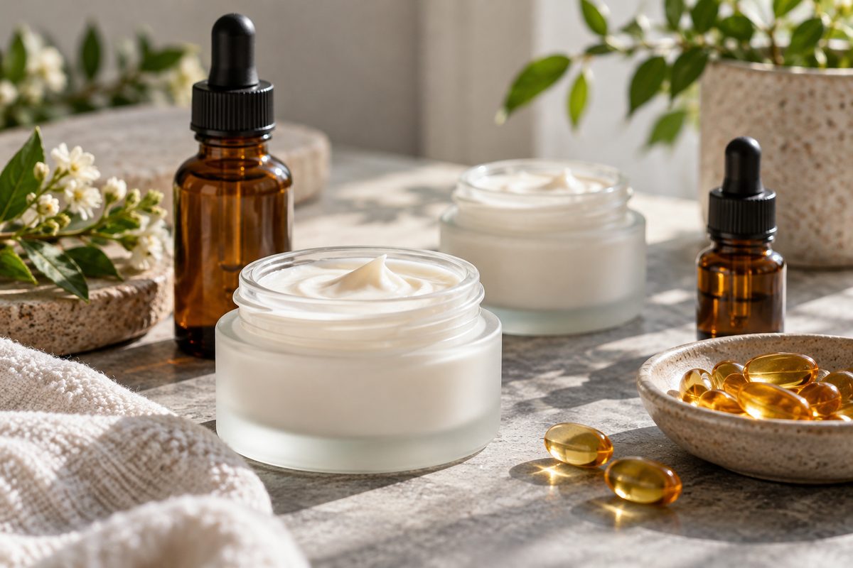 Glass apothecary cosmetic containers, amber droppers, and wellness softgels resting on a studio counter.