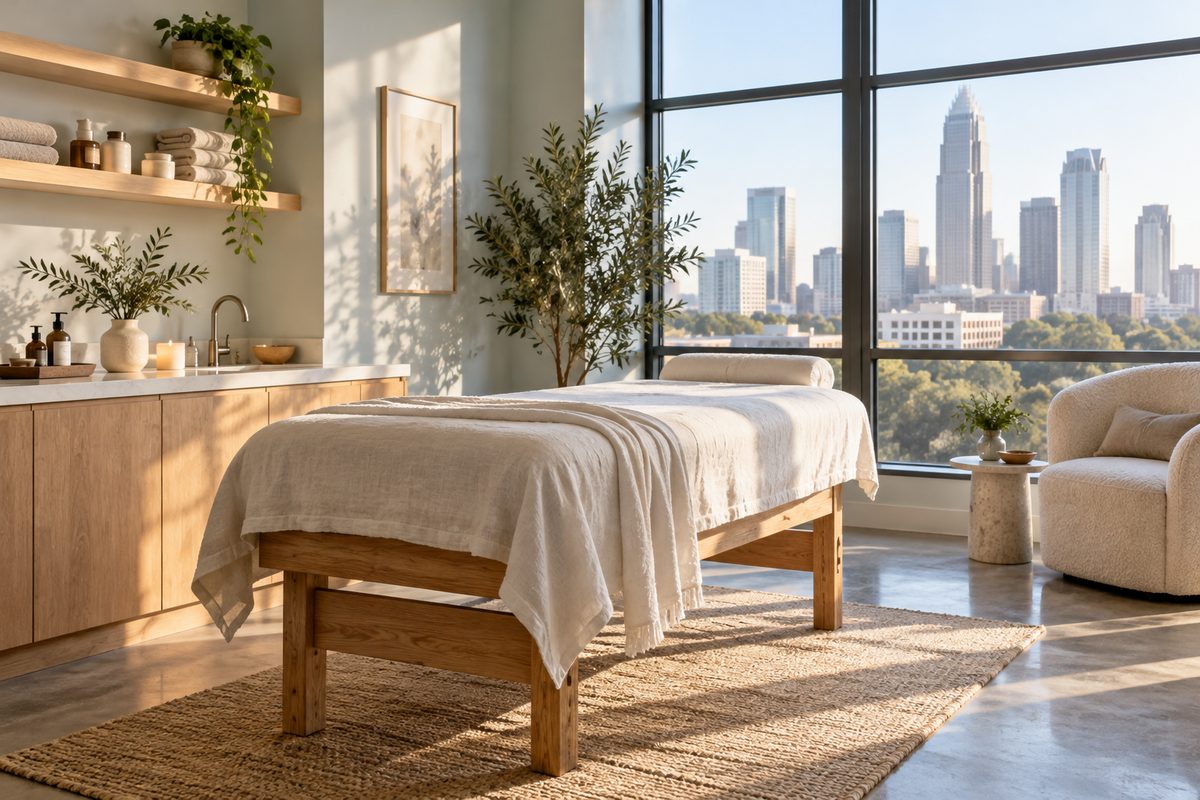 Interior view of the Vellune beauty studio in Charlotte featuring wooden treatment furniture and soft natural daylight.