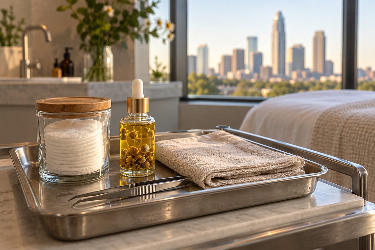 Organized beauty service tray containing post-wax botanical oils, hygienic tweezers, and fresh cotton rounds.